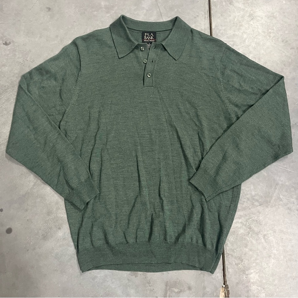 Vintage Jos A‎ Bank Men’s Polo Sweater Green Merino Wool Long Sleeve Large
